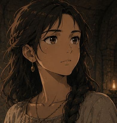 Amata, a young woman with a long dark braid, lit by lamplight