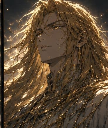 Niru Basamu, a towering celestial with golden hair and glowing yellow eyes